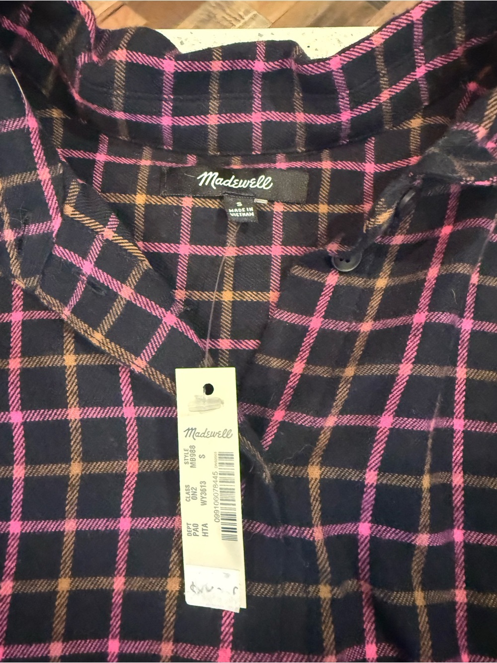 Madewell Black Button-Front Shirt with Pink & Brown Plaid